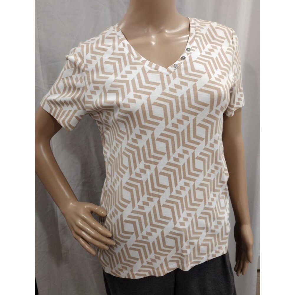 Chico's Women's Size 1 Beige White Pattern V-neck Short Sleeve Cotton Top Shirt